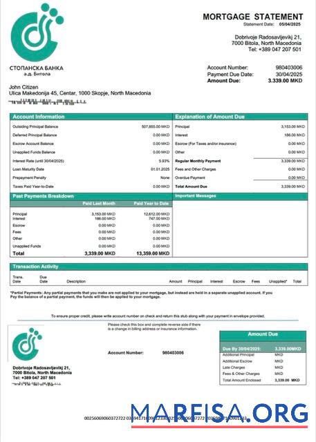 Blank North Macedonia Stopanska Banka AD Bitola mortgage statement Word and PDF template